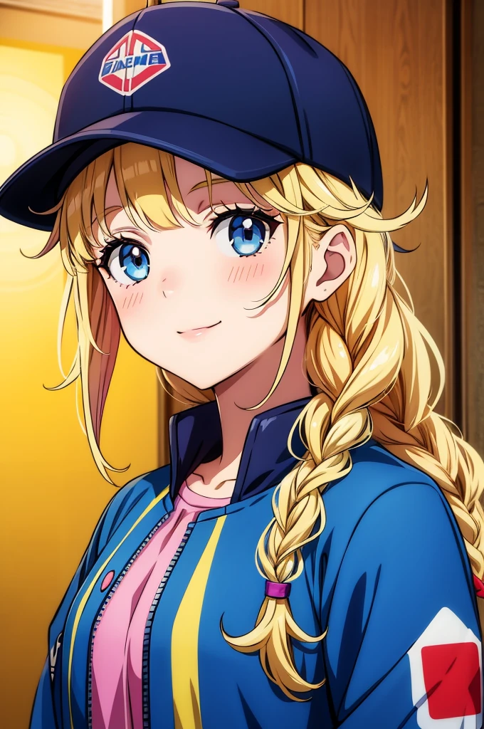 this is the picture of the anime girl in the cap and the jacket, 1girl, blue headwear, hat, blue eyes, smile, looking at viewer, solo, braid, blonde hair, upper body, jacket, baseball cap, blush, multicolored clothes, hair ornament, bangs, multicolored jacket