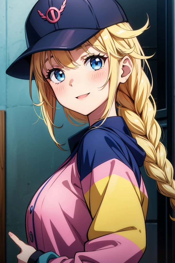 this is the picture of the anime girl in the cap and the jacket, 1girl, blue headwear, hat, blue eyes, smile, looking at viewer, solo, braid, blonde hair, upper body, jacket, baseball cap, blush, multicolored clothes, hair ornament, bangs, multicolored jacket