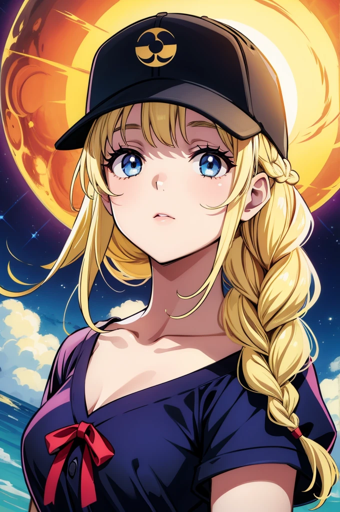 una chica, observando un eclipse de sol, eclipse,cielo despejado,,Eiko Tsukimi, blue eyes, braid, twin braid,(((blonde hair))),baseball cap