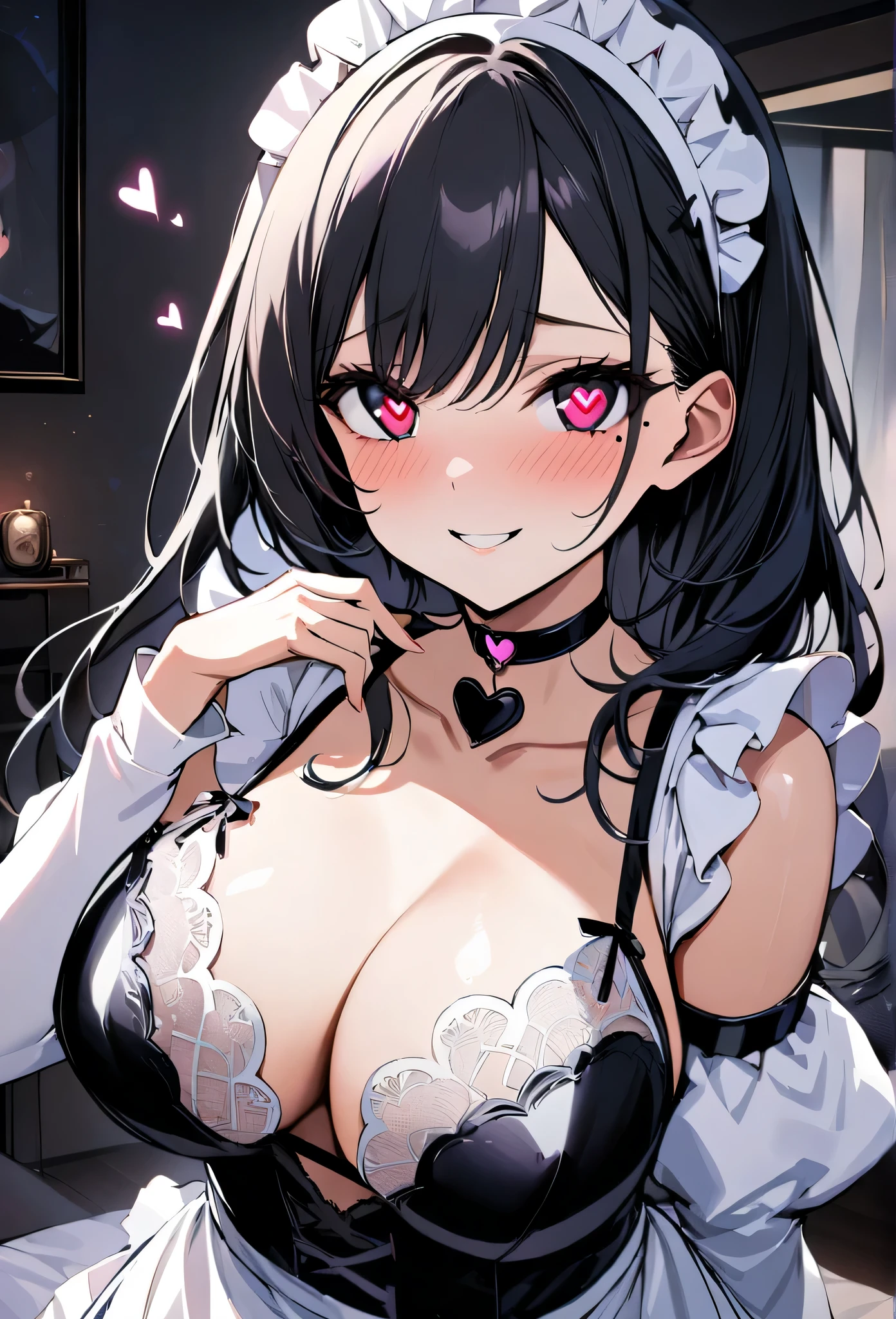 {Girl with shoulder-length black hair named Rico}, maid costume,latex,tall,'', (It feels like saying Hello, daytime hours), indoor,{going out style}, ((Heart-shaped choker) ), (bedroom), Bright background, Mole under the eye, Heart-shaped choker, ((Masterpiece)), Highly detailed CG Unity 8k wallpaper), Top quality, One girl, Detailed background, beautifully detailed eyes, heart shaped pupils,hollow eyes, looking at viewer,(very delicate and beautiful)), ((beautiful) eyes (detailed description),extra large breasts,lace underware,floating heart,brainwashed,sadistic smile