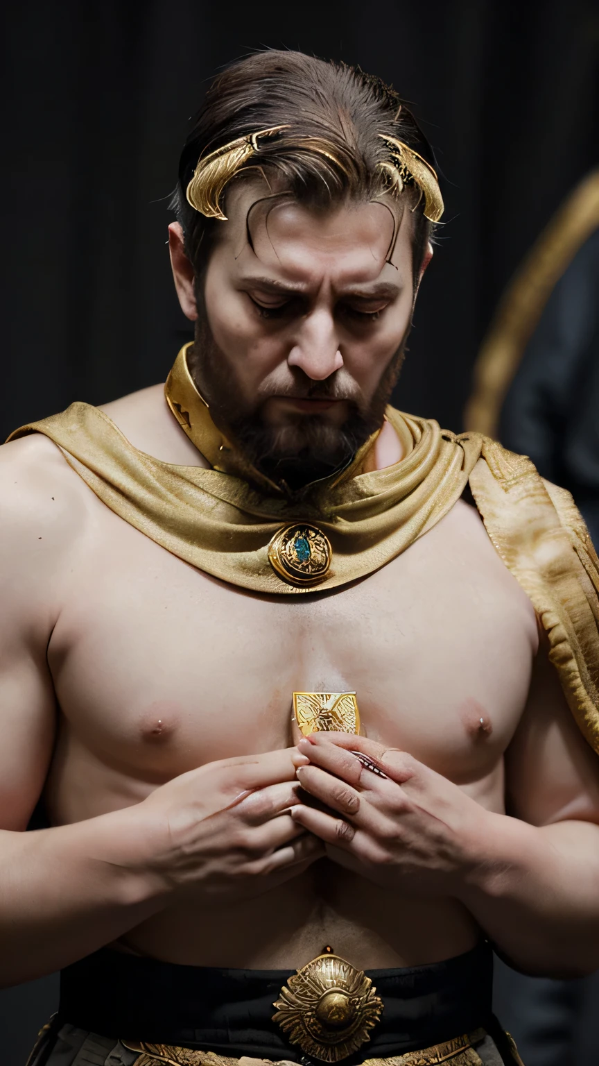 Paul places his signet ring upon Shaddam's bowed head, symbolizing the transfer of power and authority. The weight of the moment is palpable as Shaddam accepts the gesture with a mixture of humility and defeat.Visual: Paul gently places his signet ring upon Shaddam's bowed head, the symbolic act signifying the transfer of power from one ruler to another. Shaddam, with a solemn expression, accepts the gesture, acknowledging Paul as the new leader.