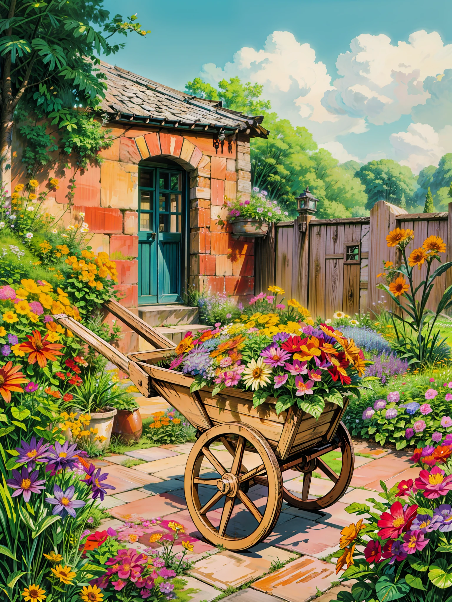 a garden with a wheelbarrow full of flowers, marigold background, garden with flowers background, with colorful flowers and plants, beautiful isometric garden, background of flowery hill, garden background, royal garden background, garden with flowers, background art, sunny day background, cottagecore flower garden, house background, garden landscape, flower garden, home and garden, 4k hd,, beautiful art uhd 4 k, a beautiful artwork illustration, beautiful digital painting, highly detailed digital painting, beautiful digital artwork, detailed painting 4 k, very detailed digital painting, rich picturesque colors, gorgeous digital painting