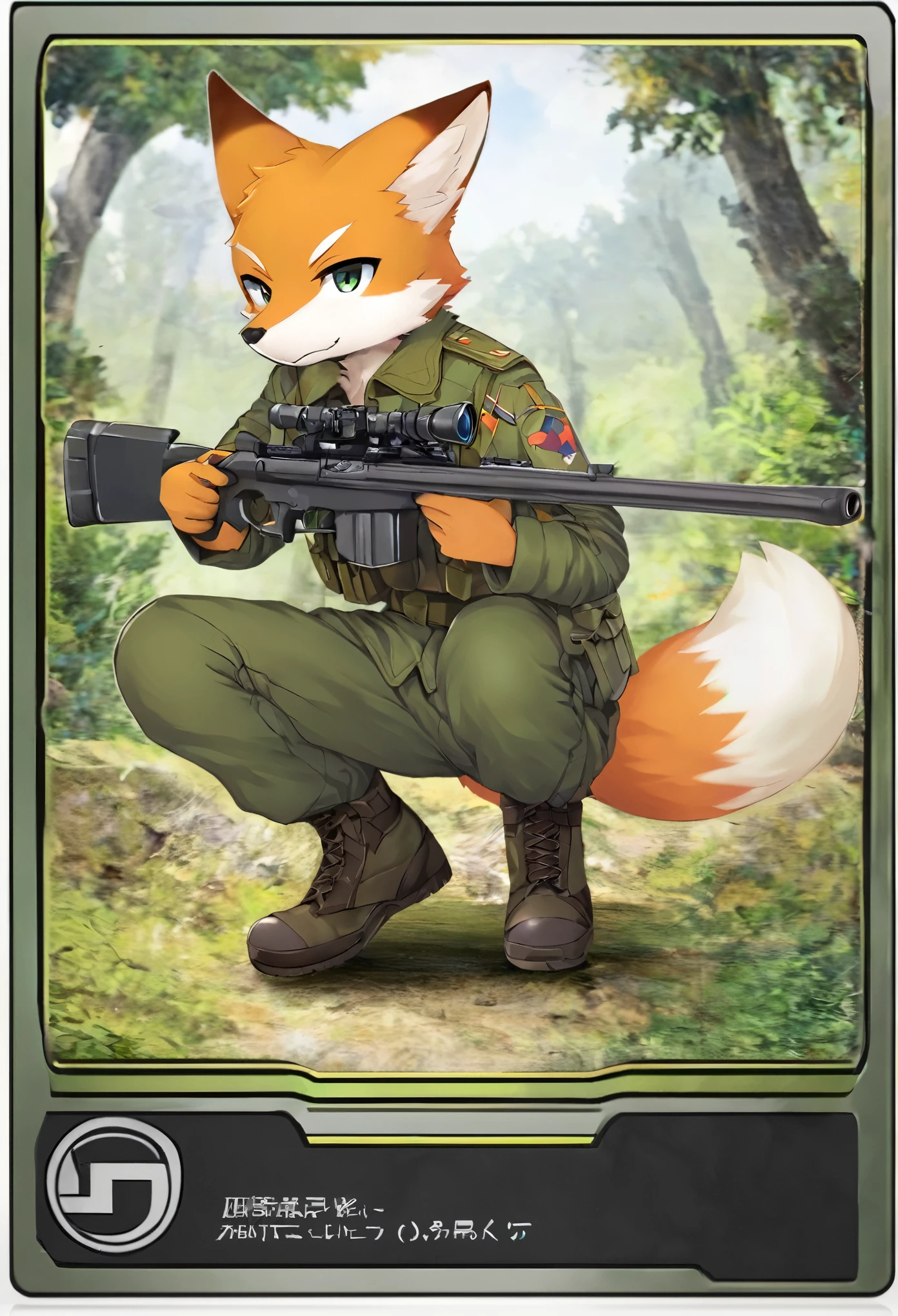 frame of trading card, UI Marks on the upper right and left bottom of the cygames style card.dark and green tone. 14 years old small anthro kemono fox Scout is crouching behind a tree and aiming his sniper rifle at a distant target. He is dressed in a camouflaged jacket and pants,with a bulletproof vest. meticulous post-war military scenes, soft-focus technique