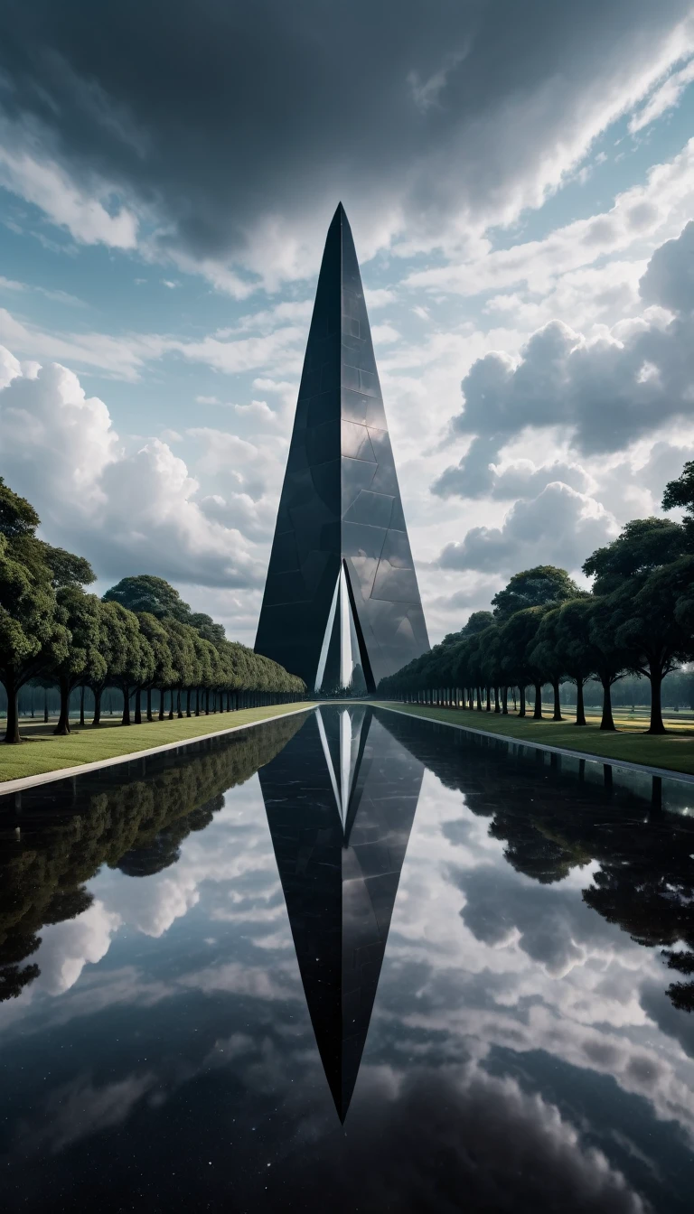 (realistic photo,8k,masterpiece:1.2),beautiful plain,cloudy day,huge obelisk-shaped spaceship,(huge geometric shape:1.2),black and smooth like a mirror,reflections.