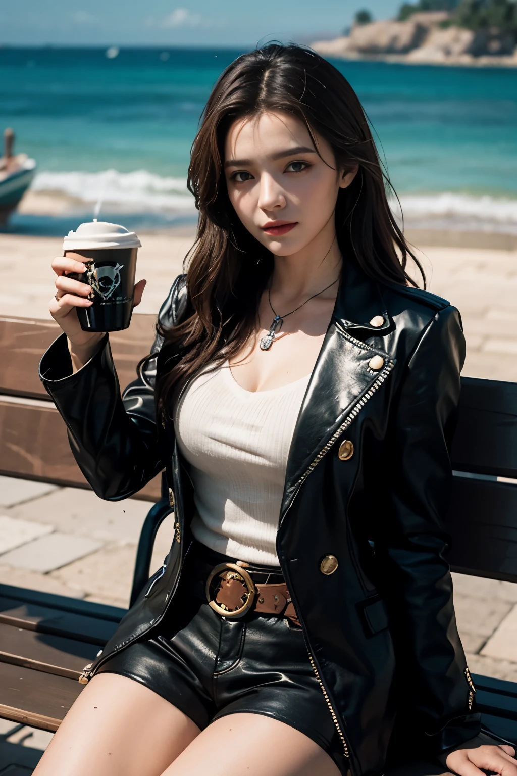 there is a woman sitting on a bench with a cup of coffee, Aerith Gainsborough, beautiful aerith gainsborough, 《Sea of Thieves》styled, alena aenami and artgerm, sakimichan, Guviz, dressed with long fluent clothes, alexey egorov, Guviz-style artwork, Yennefer, Pirate outfit