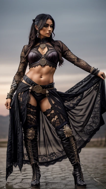 An Asian Native American mixed-race 40 year old model with very clearly depicted eyes (pupils), model has a tall body size with a female athletic figure and medium cup size, modern gothic hairstyle, model wears an etched copper-colored leather corsage embroidered with many patterns and a bolero made of chains a wide waist belt with lots of metal buckles, a pair of tribal fusion belly dance pants made of mixed lace and leather and high heel boots with lots of metal buckles, all in a modern gothic style, model in full body pose dancing towards the camera in the rain at moonrise