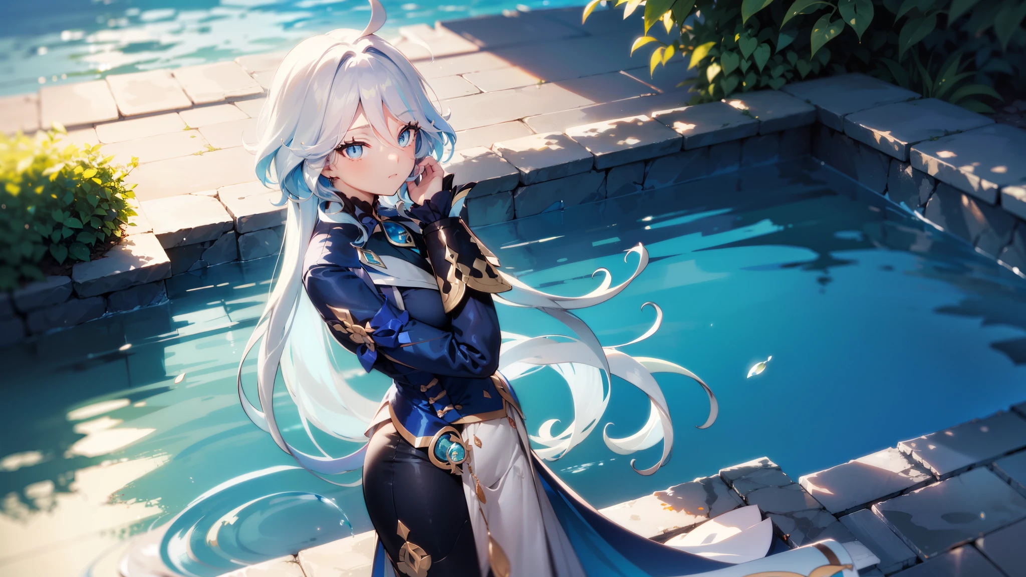 beautiful detailed eyes, flowing long hair, glowing skin, fashionable outfit, confident pose, peaceful atmosphere, vibrant colors, soft lighting, summer breeze, Furina, standing on top of water, water reflection, big lake, ultra realistic, sunny day, fountaine, cute, early twenties, blue uniform,