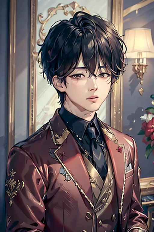 masterpiece, masterpiece_portrait, distinct, distinct_image, high_resolution, highres, high_quality_anime, high_quality, hyper_detail, finely_detailed,4K, men, btsjimin, a man in a suit, red suit