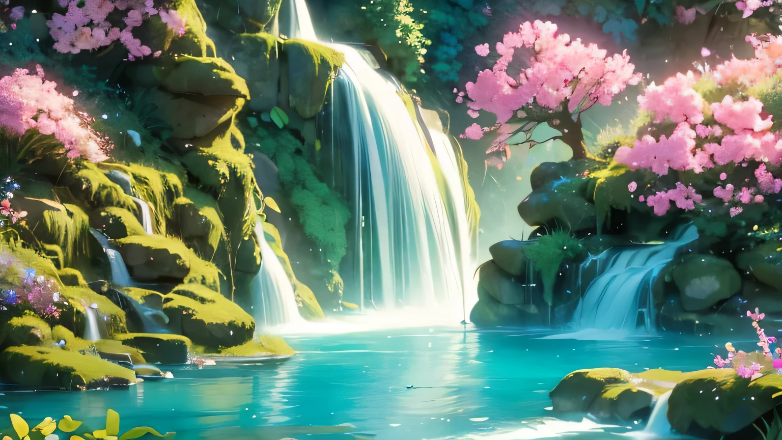 Serene scene of a majestic waterfall cascading down into a crystal-clear pool surrounded by vibrant blooming flowers and lush green trees, nature, landscape, tranquil, high detail, realistic, vibrant colors, soft lighting, cinematic, nature-inspired, fantasy