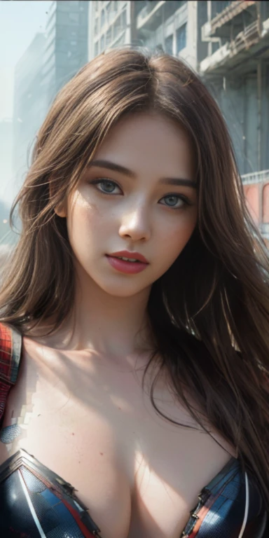 (1girl:1.3), solo, (((extremely detailed face))),(((extremely detailed eyes and face))),beautiful detailed eyes,body-parts__, official art, unified 8k wallpaper, super detailed, beautiful and aesthetic, beautiful, masterpiece, best quality, raw, masterpiece, super fine photo, best quality, super high resolution, photorealistic realism, sunlight, full body portrait, amazing beauty,, dynamic pose, delicate face, vibrant eyes, (from the front), she is wearing a Spider-man suit, red and black color scheme, spider, very detailed abandoned warehouse background, Detailed face, detailed complex busy background, messy, gorgeous, milky white, highly detailed skin, realistic skin details, visible pores, sharp focus, volumetric fog, 8k uhd, DSLR, high quality, film grain, fair skin, photo realism, lomography, huge metropolis in future dystopia, seen from below, translucent perfect breast full nude