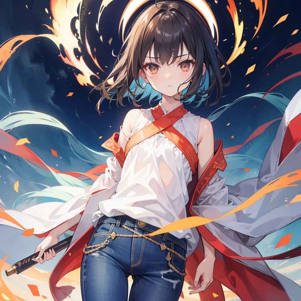 Portrait lens, back of head, sharp focus, standing on one leg, sweatdrop, Perfect female body, girlan extremely delicate and beautiful girl, 30 years old, black short hair, long bangs, Iridescence and rainbow hair, Delicate facerain, black expressionless, blank stare, flat chest best quality, dark orange eyes, Taoist robe, jeans, light brown Clothes, flames, optical phenomena, extremely detailed CG,flame out arms
