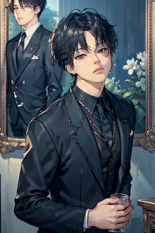 masterpiece, masterpiece_portrait, distinct, distinct_image, high_resolution, highres, high_quality_anime, high_quality, hyper_detail, finely_detailed,4K, men, btsjimin, a man in a suit, blue suit