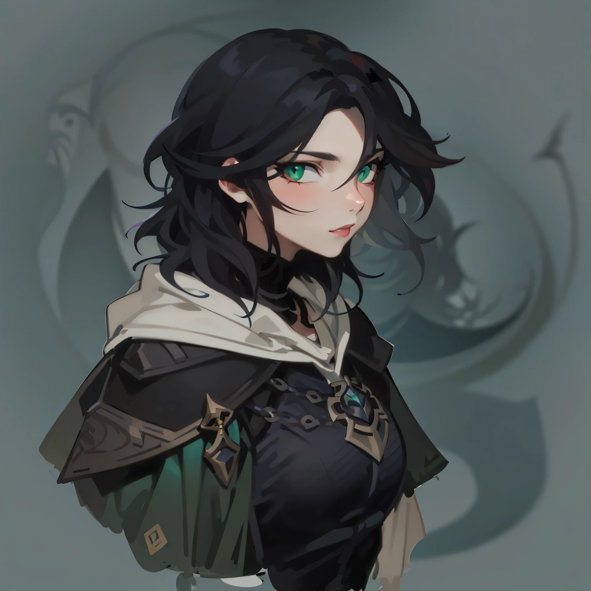 close-up of a man with black hair and green eyes, black-haired magician, portrait of a female magician, Demon Slayer Rui, fanart, Ian J., I am the deciding factor, portrait knights of the zodiac girl, Yennefer, Caleb from Critical Role, dnd character portrait, truth in this matter, drawn in lasso style