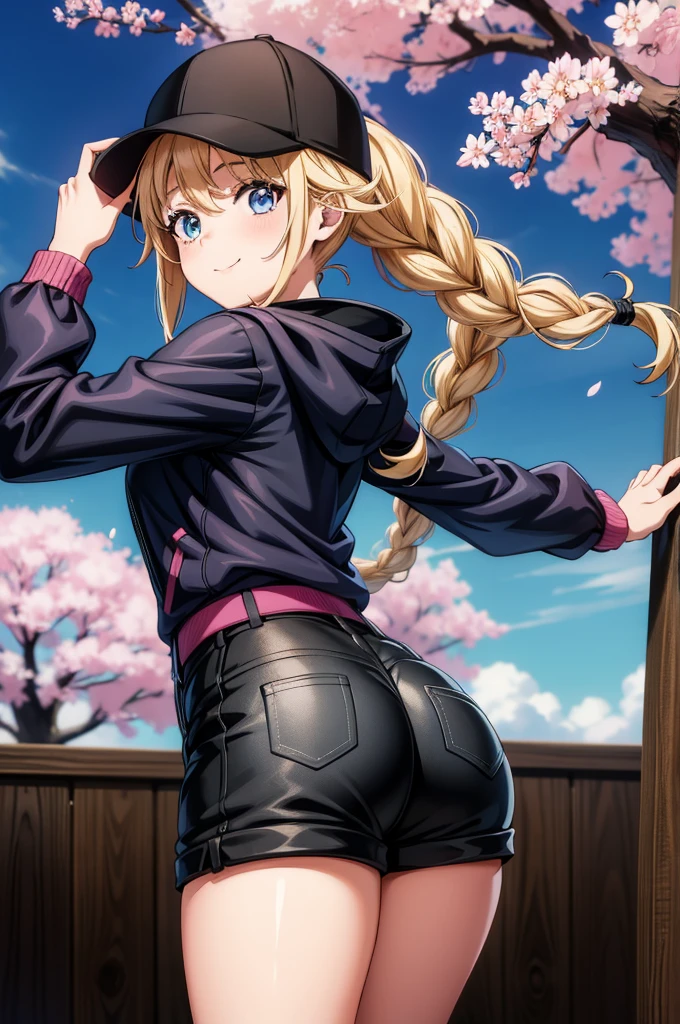 an anime girl with large pony tail, a black baseball cap, black pants and pink jacket with a very large hood, 1girl, shorts, blonde hair, solo, braid, long hair, blue eyes, black shorts, smile, hat, baseball cap, ass, looking at viewer, outdoors, jacket, twin braids, black headwear, short shorts, thighs, breasts, looking back, cherry blossoms, hood, long sleeves, multicolored jacket, day, underbutt