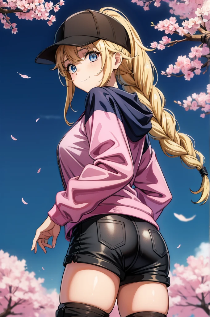 an anime girl with large pony tail, a black baseball cap, black pants and pink jacket with a very large hood, 1girl, shorts, blonde hair, solo, braid, long hair, blue eyes, black shorts, smile, hat, baseball cap, ass, looking at viewer, outdoors, jacket, twin braids, black headwear, short shorts, thighs, breasts, looking back, cherry blossoms, hood, long sleeves, multicolored jacket, day, underbutt
