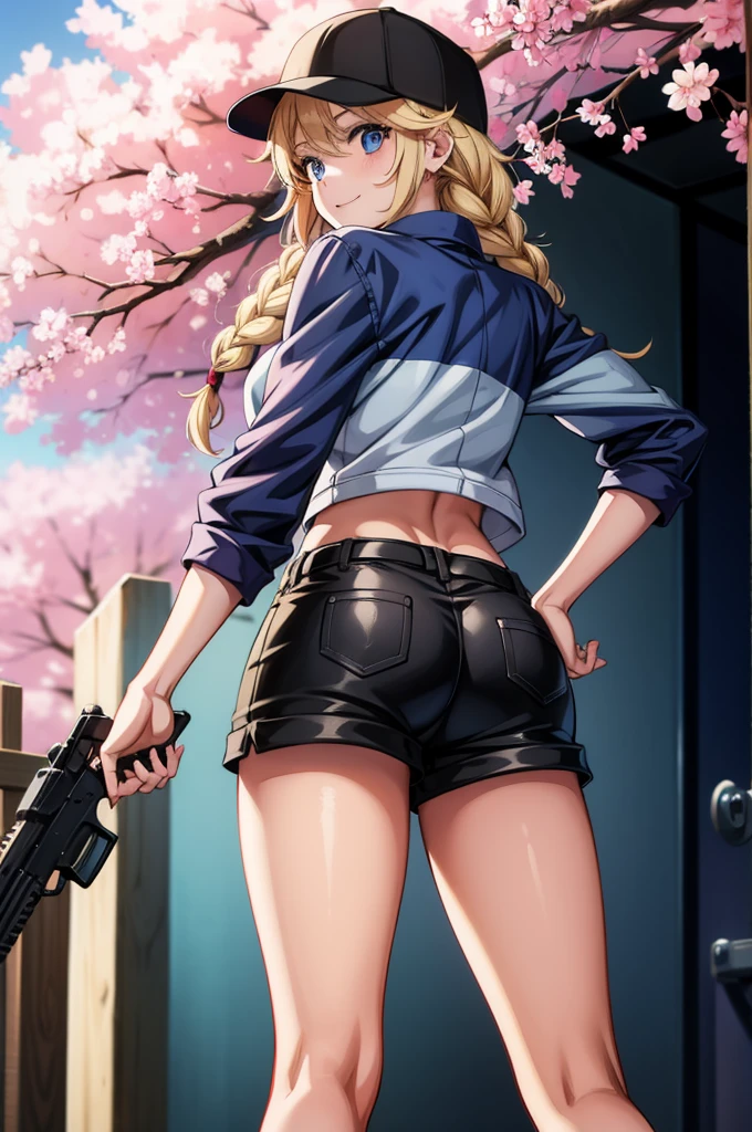 an anime girl is in a baseball cap with machine gun on her hip, 1girl, cherry blossoms, shorts, ass, solo, twin braids, braid, blonde hair, weapon, blue eyes, hat, black shorts, long hair, gun, looking at viewer, smile, short shorts, looking back, holding, holding weapon, baseball cap, outdoors, black headwear, underbutt, jacket, holding gun, from behind, day