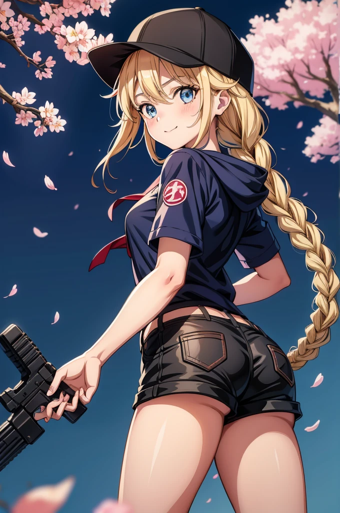 an anime style woman holding a hat and a bat like object in the air, 1girl, solo, cherry blossoms, shorts, braid, blonde hair, long hair, blue eyes, twin braids, ass, weapon, hat, smile, gun, holding, looking at viewer, baseball cap, black shorts, hood, looking back, holding weapon, outdoors, handgun, black headwear, holding gun, short shorts, breasts, blush, thighs