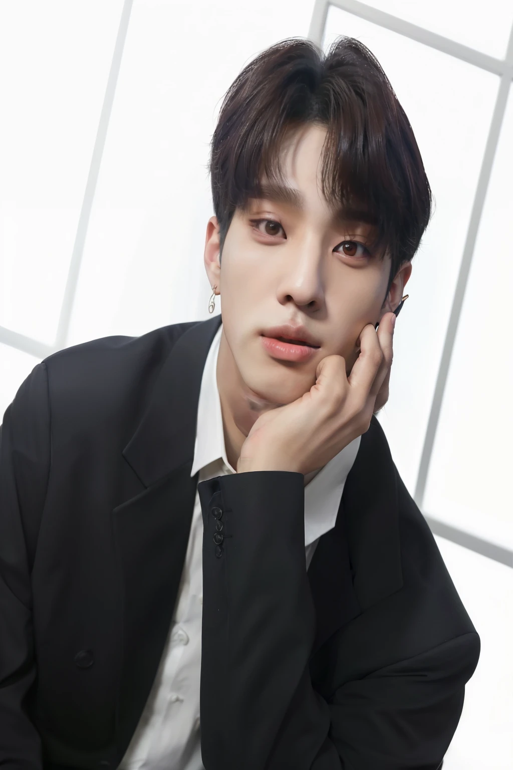 there is a man sitting at a table with his hand on his chin, Jungkook, Jinyoung Shin, hyung tae, cai xukun, hyung tae kim, Yanjun Chengt, Hong junho hyung, hyung-tae kim, hyung-tae kim, Shin Jeongho, Kim Doyoung, profile picture with headshot, taejune kim, artista coreano