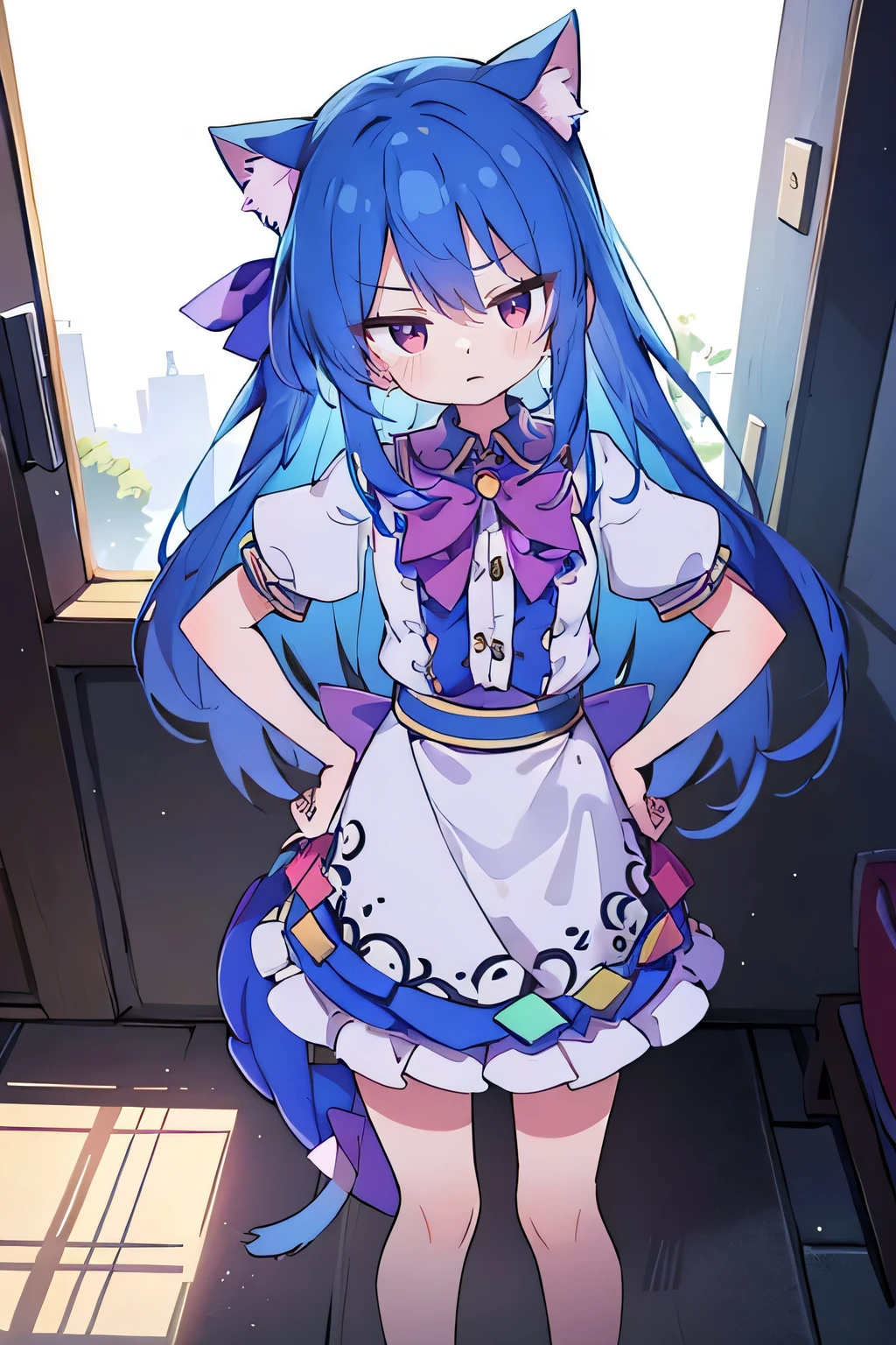 (masterpiece),best quality, expressive eyes, perfect face, 1girl,
Put your hands on your waist,fair, Gorgeous,Japanese cartoons,girl,lola,Hina Angel, blue hair, blue haired, floating clothes,Grab your waist, Grab your waist, hands on hips , hands on hips,sit, sit on ground, Legs on the ground, flat chest,cat ears,