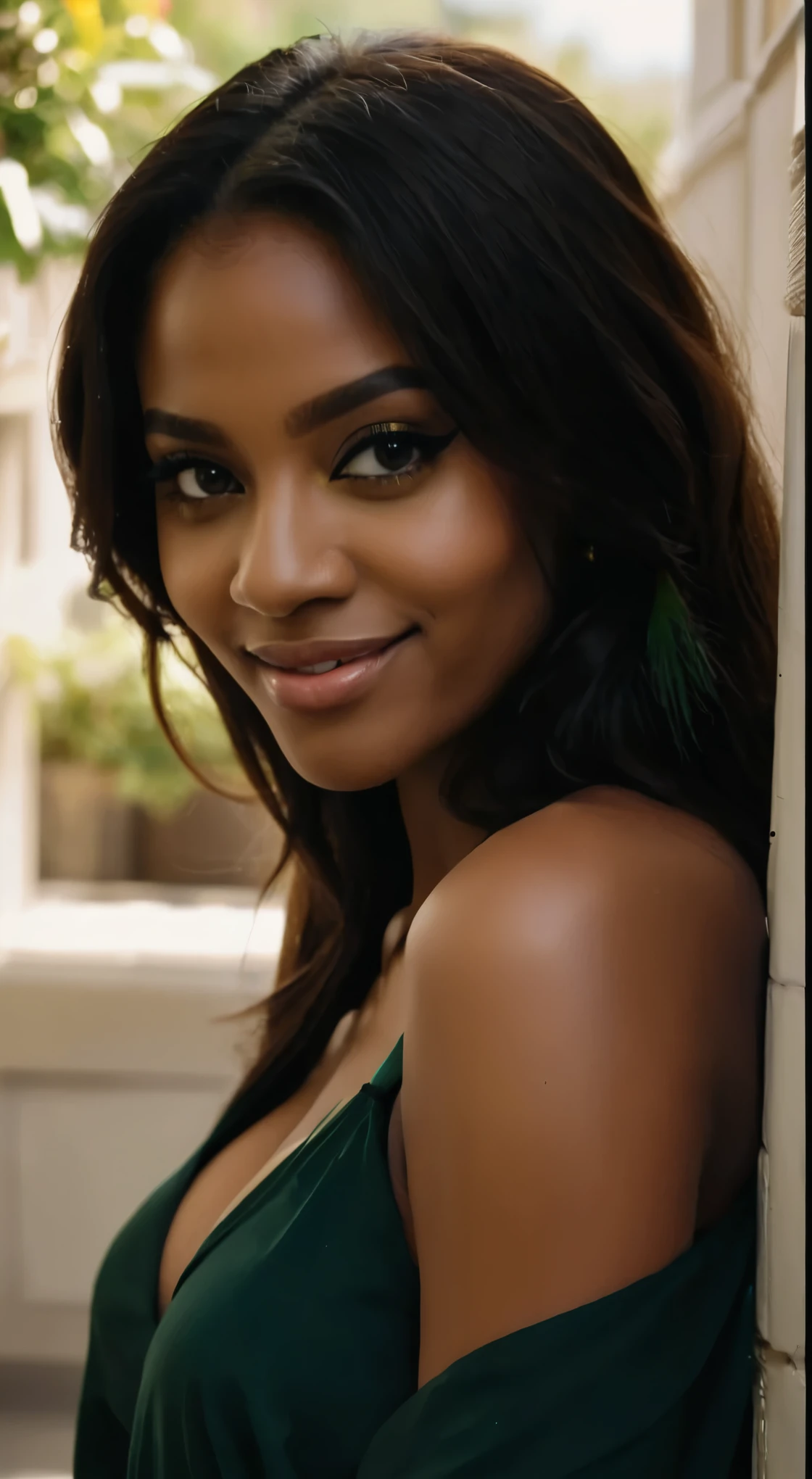 Young black woman with beautiful natural makeup wearing an elegant black dress with golden shoes in the corridor of a luxury hotel