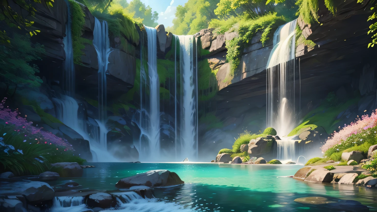 Serene scene of a majestic waterfall cascading down into a crystal-clear pool surrounded by vibrant blooming flowers and lush green trees, nature, landscape, tranquil, high detail, realistic, vibrant colors, soft lighting, cinematic, nature-inspired, fantasy