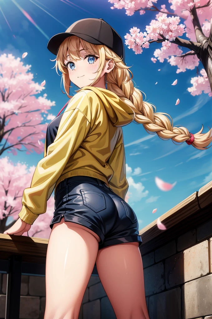 an anime girl with long blonde hair a ponytail black hat and shorts, 1girl, solo, braid, shorts, ass, blonde hair, multicolored jacket, long hair, hat, blue eyes, short shorts, black shorts, smile, multicolored clothes, jacket, black headwear, looking at viewer, cherry blossoms, baseball cap, breasts, long sleeves, twin braids, thighs, blush, closed mouth, open clothes, hood, bangs, petals, underbutt