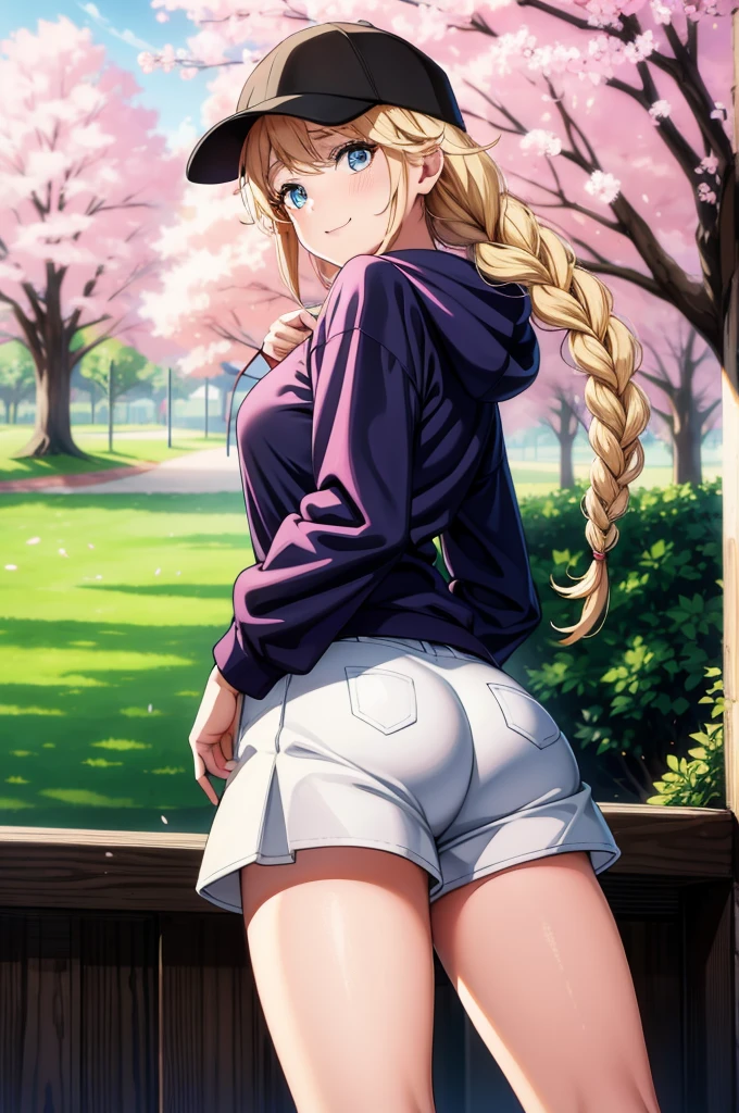 a woman in a baseball cap, white short skirt, and white socks, 1girl, shorts, cherry blossoms, solo, blonde hair, long hair, braid, blue eyes, hat, ass, baseball cap, black shorts, smile, hood, looking at viewer, looking back, black headwear, blush, breasts, hoodie, outdoors, petals, short shorts, long sleeves
