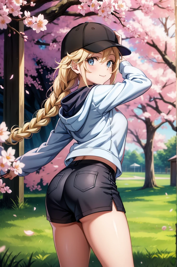 a woman in a baseball cap, white short skirt, and white socks, 1girl, shorts, cherry blossoms, solo, blonde hair, long hair, braid, blue eyes, hat, ass, baseball cap, black shorts, smile, hood, looking at viewer, looking back, black headwear, blush, breasts, hoodie, outdoors, petals, short shorts, long sleeves