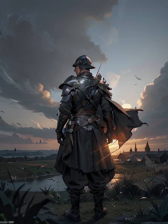 Cartoon style pictures ,(Europe),man,midnight,Overall black tone,Shot from the sky looking down to the ground ,Create dystopian masterpieces, Game of Thrones movie scenes, The whole character is dressed in Game of Thrones style, Rugged full body metal armor, Medieval dilapidated countryside village,farmland,river,torch,horse,farmer,companion,Soldier,laboeld,farming,(helmet,Face covering,In the shadows,Faceless,健壮的man, strong, shabby),dynamic poses, ((Turn your back to the camera,look into the distance,not looking at camera)), Photos taken from a distance,