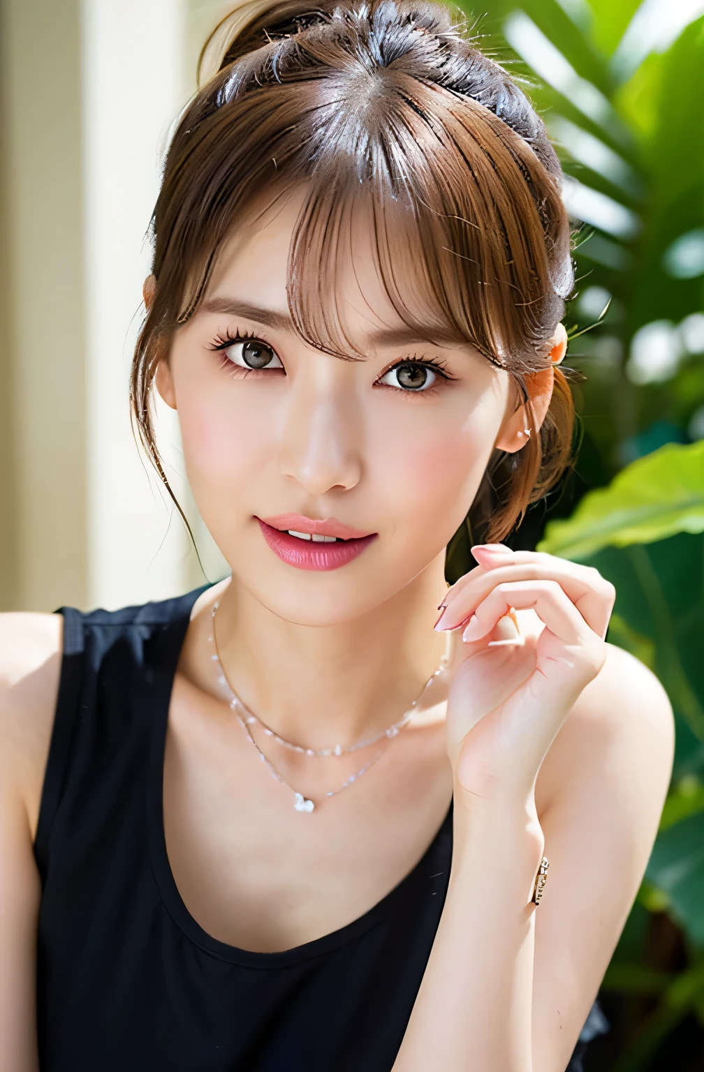 (highest quality, 4k, masterpiece :1.3), 
sharp focus, shallow depth of field, Bright colors, professional level, 
20-year-old, 1 person, (Half Japanese and German woman）, The face of a famous Japanese actress, 
Supple body :1.3, model body shape:1.5, perfect style：1.4, 
narrow shoulders, beautiful clavicle, long and thin legs, 
delicate body shape, The beauty of slim abs :1.2, thin waist :1.2, 
super detailed skin, Fair skin, Shiny skin, super detailed face, 
slim facial contour, beautiful small face, Beautiful lined nose, 
super detailed eyes, long slit eyes, brown eyes, double eyelid, Beautiful thin eyebrows, fine long eyelashes, 
super detailed lips, plump lips, glossy pink lips, flushed cheeks, beautiful teeth, 
Beautiful actress&#39;s ennui makeup, pink lipstick, 
dark brown hair, delicate soft hair, 
(hair up, medium short hair, ponytail:1.2), 
layer cut, (dull bangs:1.2), 
(stylish looking earrings,necklace,bracelet,shiny nail art:1.2), 
cute smile, open mouth half way, Enchanted expression, ((Staring at the viewer)), 
(((photorealism,Shoot the whole body from the thighs:1.5))), ((The body is facing sideways)), 
Photographed directly from the front, dynamic lighting, 

(Dressed up in a tight see-through polka dot negligee:1.2), 

((The crystal clear waters of a tropical resort, Immerse yourself in water up to your waist:1.2)), 
The midsummer sun shines on the whole, 