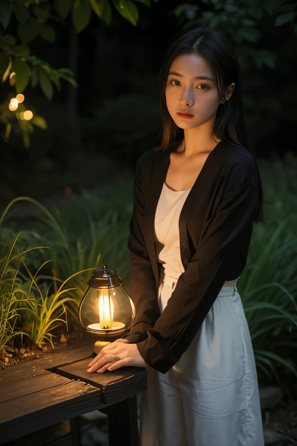 (8k, top quality, Meisterwerk: 1.2), (realistisch, photorealistisch: 1.37), Super Detail, A girl, wide viewing angle, Firefly Garden, lots of small dim lights and fireflies flying around, Nacht