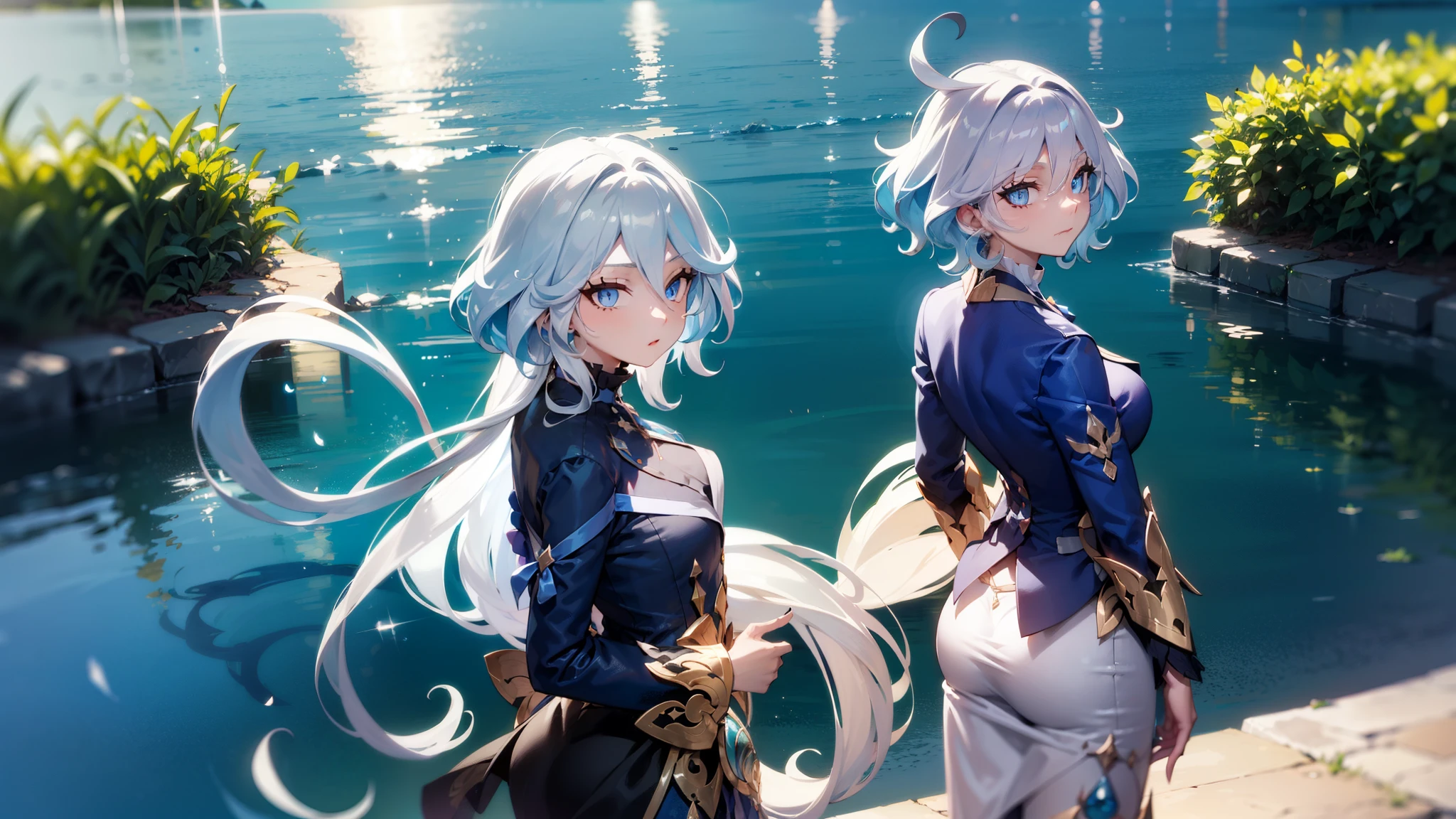 beautiful detailed eyes, flowing long hair, glowing skin, fashionable outfit, confident pose, peaceful atmosphere, vibrant colors, soft lighting, summer breeze, Furina standing on top of water in the middle of the lake, water reflection, big lake landscape, ultra realistic, sunny day, fountaine, cute, early twenties, blue uniform, middle of lake, lake stretching in the background,