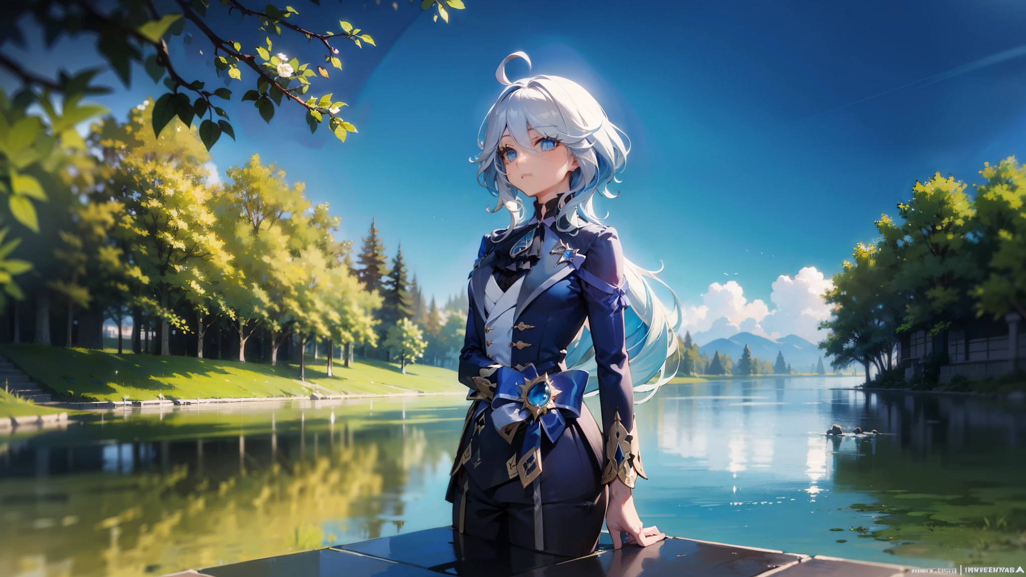 beautiful detailed eyes, flowing long hair, glowing skin, fashionable outfit, confident pose, peaceful atmosphere, vibrant colors, soft lighting, summer breeze, Furina standing on top of water in the middle of the lake, water reflection, big lake landscape, ultra realistic, sunny day, fountaine, cute, early twenties, blue uniform, middle of lake, lake stretching in the background, 