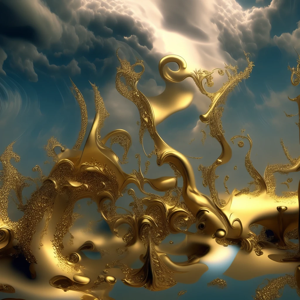 in the middle of the blue sky there is a very large golden sculpture, Stunning fantasy 3D rendering, surreal scene, Golden clouds, 1 6 6 7. mandel light bulb 3 d, 3D light bulb, 3D light bulb fractal, mandel light bulb 3 d, 4d mandelbulba psychedelics, mandel light bulb 3d, mandel light bulb 3d fractal