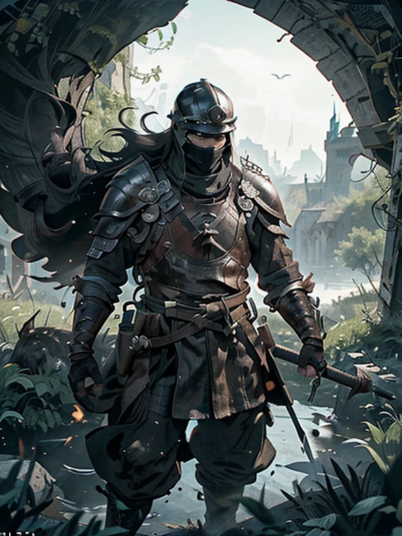 Cartoon style pictures ,(Europe),man,midnight,Overall black tone,Shot from the sky looking down to the ground ,Create dystopian masterpieces, Game of Thrones movie scenes, The whole character is dressed in Game of Thrones style, Rugged full body metal armor, Medieval dilapidated countryside village,farmland,river,torch,horse,farmer,companion,Soldier,laboeld,farming,(helmet,Face covering,In the shadows,Faceless,健壮的man, strong, shabby),dynamic poses, (()),