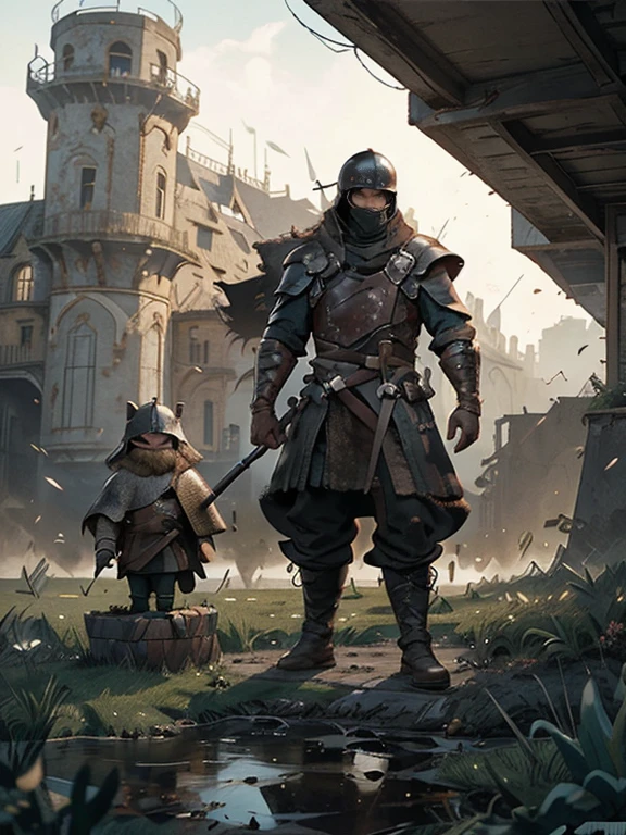 Cartoon style pictures ,(Europe),man,midnight,Overall black tone,Shot from the sky looking down to the ground ,Create dystopian masterpieces, Game of Thrones movie scenes, The whole character is dressed in Game of Thrones style, Rugged full body metal armor, Medieval dilapidated countryside village,farmland,river,torch,horse,farmer,companion,Soldier,laboeld,farming,(helmet,Face covering,In the shadows,Faceless,健壮的man, strong, shabby),dynamic poses, (()),