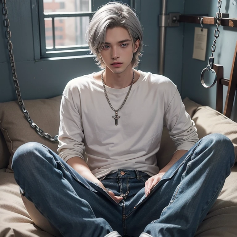 25 year old man, short hair, silver hair, blue eyes, tired, parted lips, best quality, high details, high quality, topless, baggy jeans, haki jeans, silver necklace, chained on hands, chains, in prison
