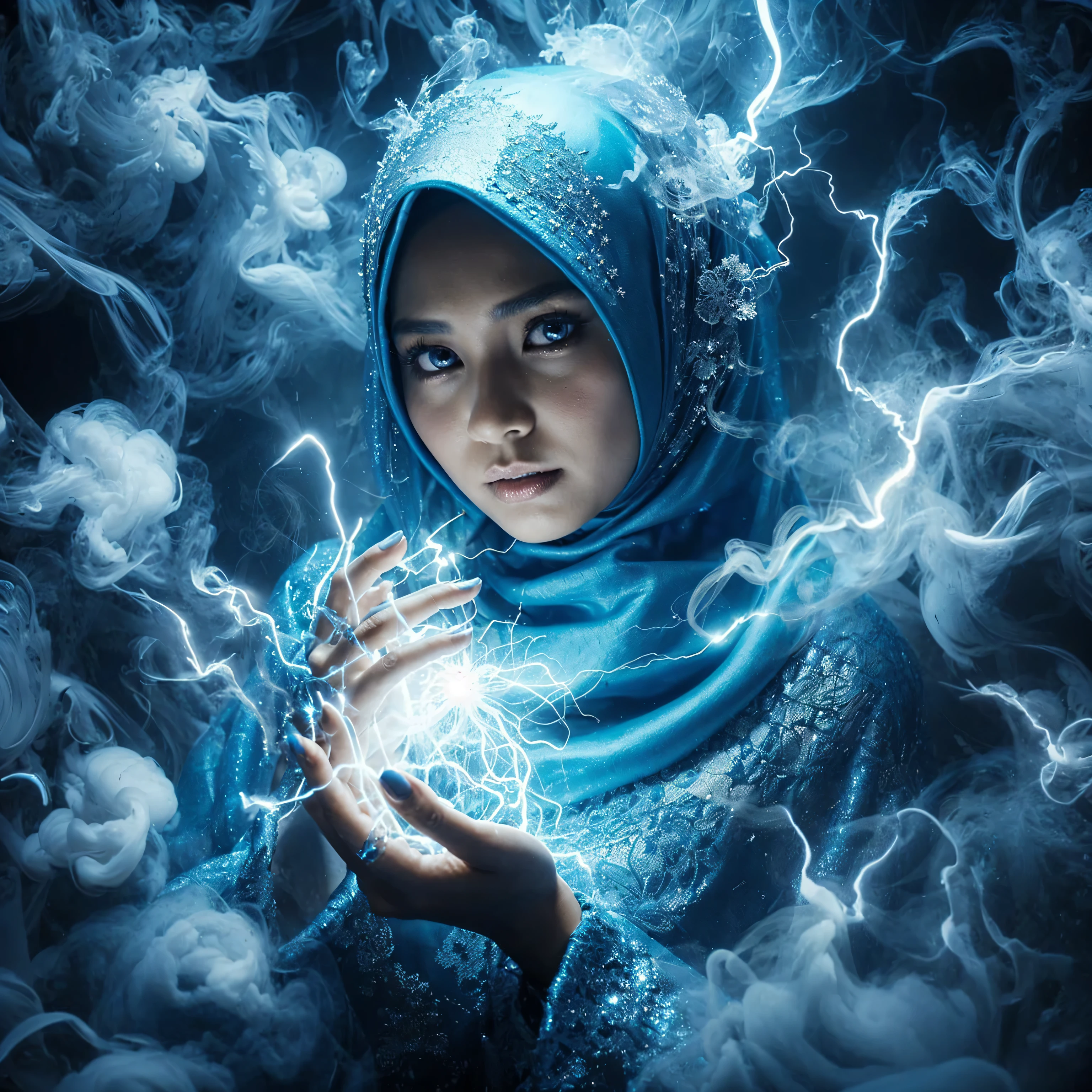 Mysterious charming image
Indonesian woman surrounded by thick electric smoke. The smoke is blue with white lightning strikes, translucent and billowing, creating an eerie and enchanting atmosphere. The woman has an alluring gaze and wears a hijab and bright blue Muslim clothing. shimmering with mysterious energy. The backdrop is a dark void, with thick, electric smoke creating a sense of intrigue and otherworldly clarity. very detail
