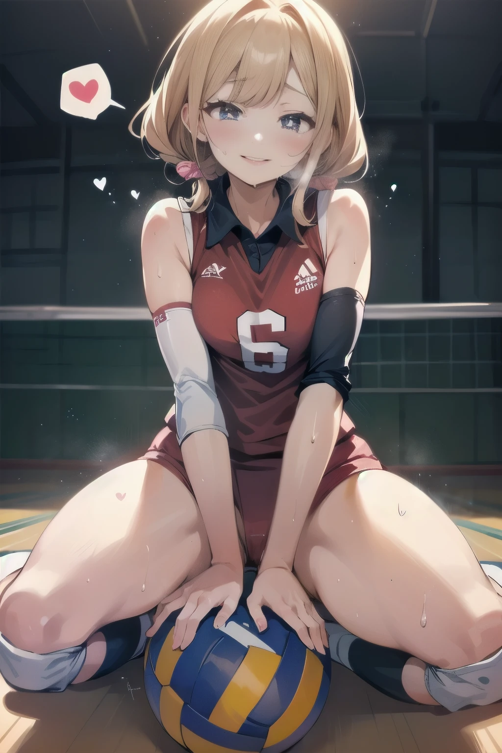 unity 8k wallpaper, anatomically correct, (((masterpiece))), (((best quality))), (((ultra detailed))), (((high-resolution))), ((Ultimate cutie)), perfect hands, perfect finger, (((good anatomy))), detailed beautiful face, shiny hair, (((gyaru))), (potbelly), (curvy), medium breasts, ((Thick thighs)), (((solo))), ((seductive smile)), (((blush))), (Eyes are heart marks), (heart shaped pupils), ((trembling)),
BREAK, (((sit astride the perfectly spherical shape 6-inch volleyball))), (((Straddling a perfectly spherical 6" volleyball))), (((Perfectly spherical 6" volleyball fits perfectly crotch))), BREAK, (((Rub the Perfectly spherical 6" volleyball against crotch))), (masturbation),
BREAK, adidas, (Collared volleyball uniforms), sleeveless, ((buruma)), ((kneepad)), ((pussy juice stained)), (elbow pad), (((sweat))), (((covered in sweat))), ((deep breathing)), in Volleyball Court, indoor, lighting, looking at viewer, full body, (spoken heart)