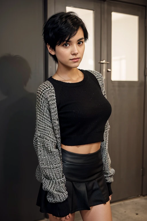 Tomboy short black hair girl in with black sweater and short black skirt and with big chest