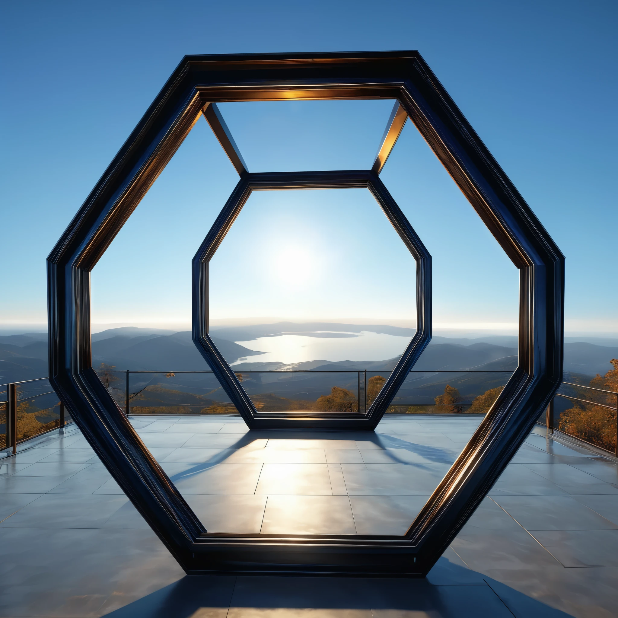 (best quality,4k,8k,highres,masterpiece:1.2),ultra-detailed,(realistic,photorealistic,photo-realistic:1.37),hexagon,sky,amazingly crafted metal frame,giant hexagon hovering in the sky,majestic and awe-inspiring structure,natural light casting shadows on the hexagon,mesmerizing reflection on the metal surface,magical and futuristic atmosphere,clear blue sky,impressive scale and proportions,immaculate craftsmanship,striking geometric shape,ethereal glow emanating from the hexagon,vivid colors contrasting with the metal frame,glimmering highlights and subtle shadows,harmony with the surrounding landscape,enigmatic and mysterious appearance,fascinating architectural wonder,seemingly weightless in the air,detailed rivets and joints,imposing presence dominating the horizon,perspective to showcase its grandeur,perfection in every intricate detail,seemingly endless depth and dimension,captivating sense of scale and vastness,seamless integration with the natural environment,masterful play of light and shadow,mesmerizing centerpiece of the landscape,elegant and captivating design,meticulous attention to texture and material,awe and wonder on viewers' faces,unforgettable sight in the sky.