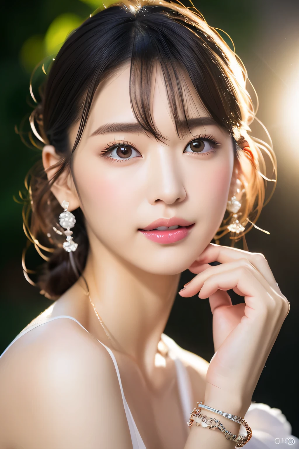 (highest quality, 4k, masterpiece :1.3), 
sharp focus, shallow depth of field, Bright colors, professional level, 
20-year-old, 1 person, (Half Japanese and German woman）, The face of a famous Japanese actress, 
Supple body :1.3, model body shape:1.5, perfect style：1.4, 
narrow shoulders, beautiful clavicle, long and thin legs, 
delicate body shape, The beauty of slim abs :1.2, thin waist :1.2, 
super detailed skin, Fair skin, Shiny skin, super detailed face, 
slim facial contour, beautiful small face, Beautiful lined nose, 
super detailed eyes, long slit eyes, brown eyes, double eyelid, Beautiful thin eyebrows, fine long eyelashes, 
super detailed lips, plump lips, glossy pink lips, flushed cheeks, beautiful teeth, 
Beautiful actress&#39;s ennui makeup, pink lipstick, 
dark brown hair, delicate soft hair, 
(hair up, medium short hair, ponytail:1.2), 
layer cut, (dull bangs:1.2), 
(stylish looking earrings,necklace,bracelet,shiny nail art:1.2), 
cute smile, open mouth half way, Enchanted expression, ((Staring at the viewer)), 
(((photorealism,Shoot the whole body from the thighs:1.5))), ((The body is facing sideways)), 
Photographed directly from the front, dynamic lighting, 

(Dressed up in a tight see-through polka dot negligee:1.2), 

((The crystal clear waters of a tropical resort, Immerse yourself in water up to your waist:1.2)), 
The midsummer sun shines on the whole, 