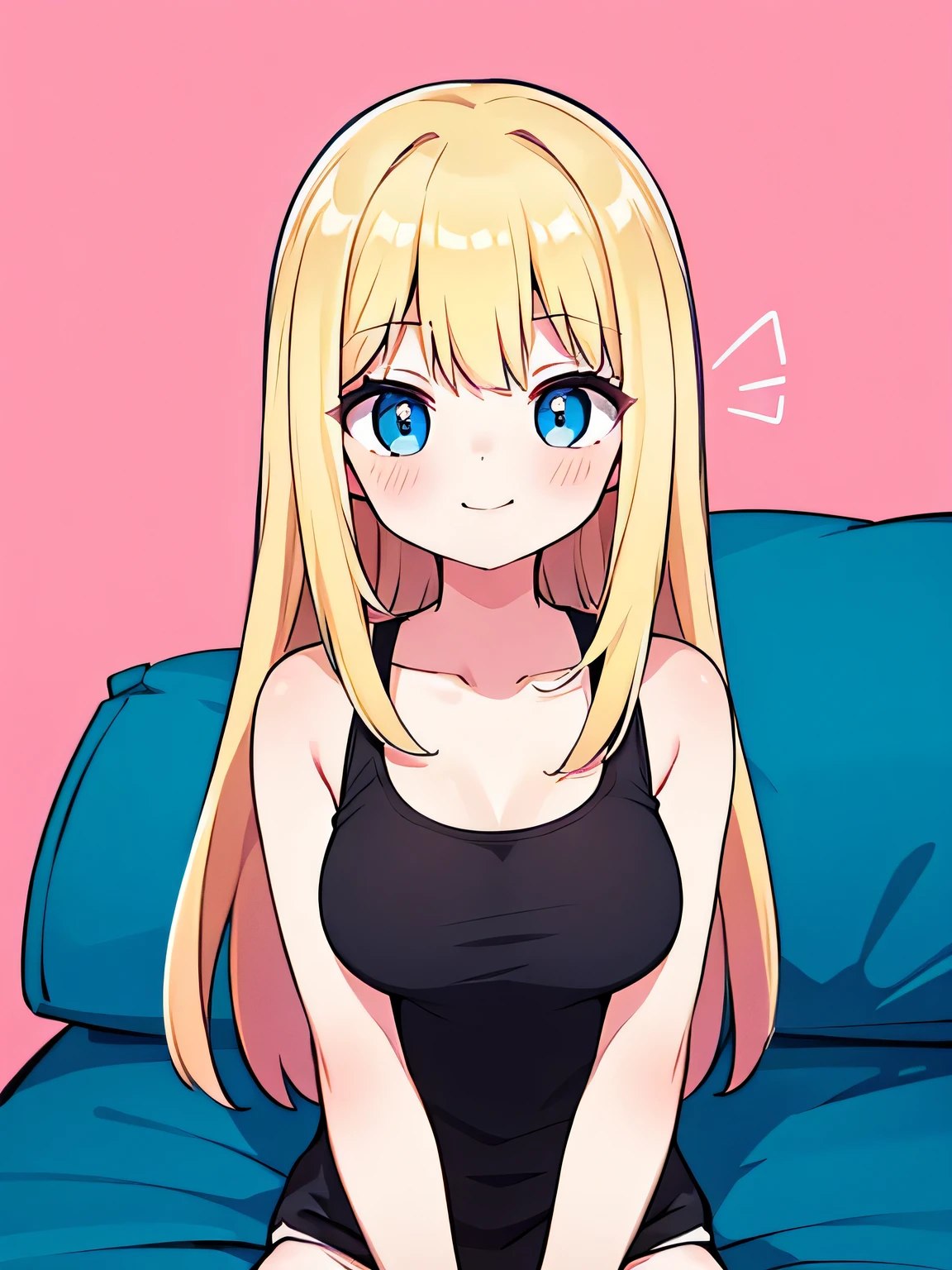 1girl, blonde hair, long hair, smooth hair, girl, 8k resolutions, blue eyes, masterpiece, wearing tank top, medium breast, bedroom, pink bedroom, super happy, pink background