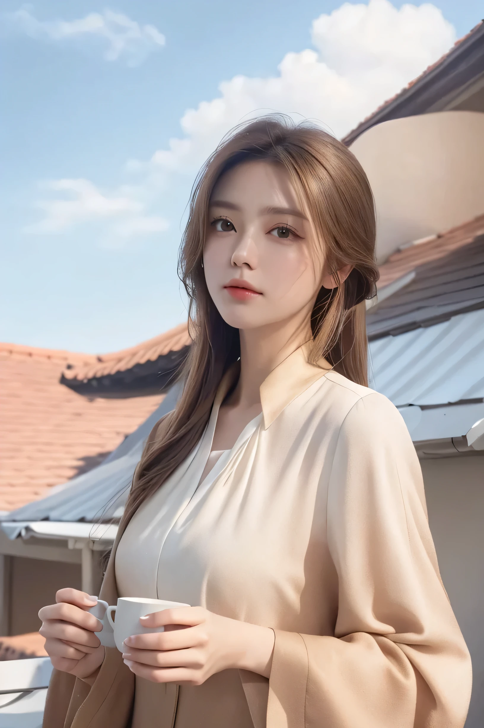 need,masterpiece,light brown hair,A cup breasts,outdoor,Blue sky,roof of the building,8K,white blouse,