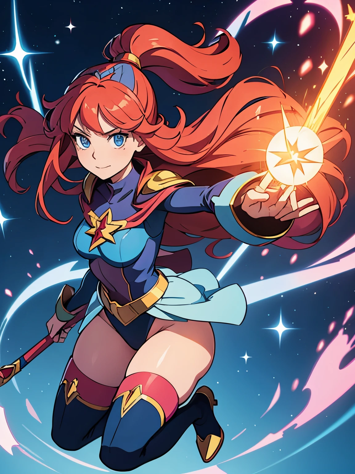 a cartoon of a woman dressed in a superhero costume holding a wand, witch academia, superhero sorceress witch, glamorous angewoman digimon, sky witch, by Aguri Uchida, maya ali as a lightning mage, leotard, witch hat, red hair, blue eyes, fan art, official fanart, official concept art, ecchi anime style, wonder, fanart, concept art!!