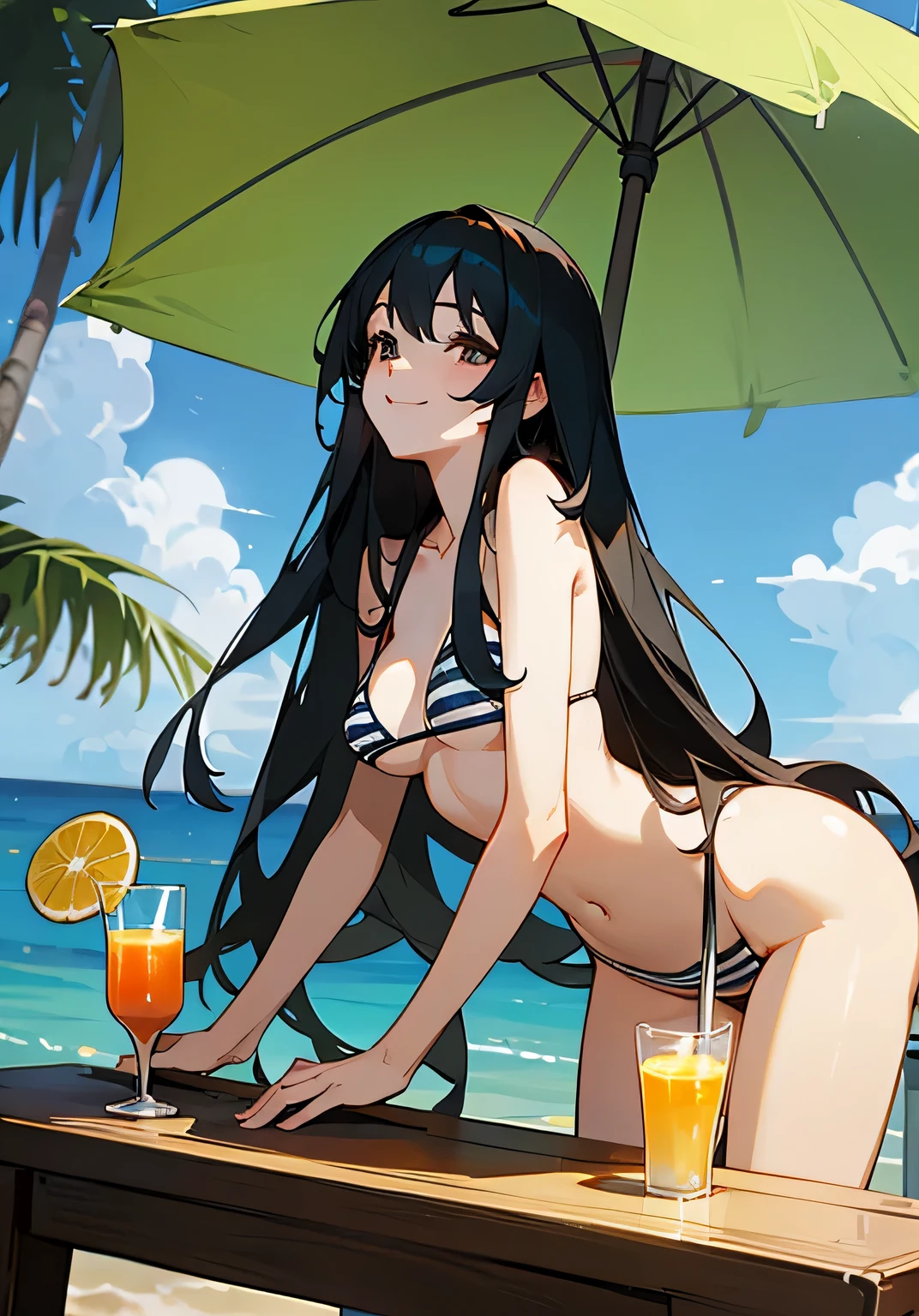 {best quality},Ocean、long black hair、25 year old female、Large beautiful breasts、black-Striped-micro-bikini、radiant smile、Under a table with a parasol、Holding tropical fruit juice in hand、Low angle 、cowboy shot
