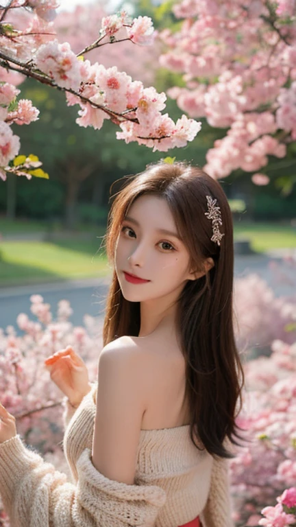 masterpiece,real photos,looking into camera,night time,HDR backlight,Contour light,Shallow depth of field,reddish brown long straight hair,Elegant Chinese beauty,smile,dancing in the forest, Wearing a strapless cardigan dress,The breeze blew her face,Surrounded by cherry blossom trees,petals flying everywhere,The skirt is flying and rhythmic,taking photos by Fujifilm high-grain 400 film, wild-angle view