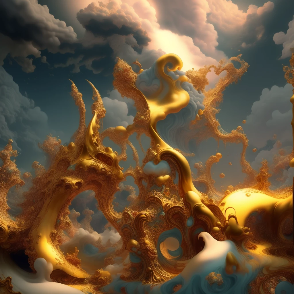 in the middle of the blue sky there is a very large golden sculpture, Stunning fantasy 3D rendering, surreal scene, Golden clouds, 1 6 6 7. mandel light bulb 3 d, 3D light bulb, 3D light bulb fractal, mandel light bulb 3 d, 4d mandelbulba psychedelics, mandel light bulb 3d, mandel light bulb 3d fractal