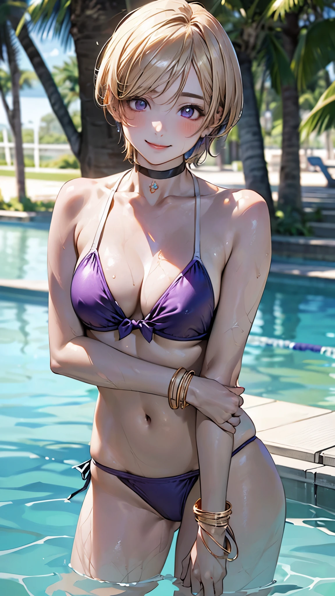 (masterpiece:1.2, top-quality), (realistic, photorealistic:1.4), beautiful illustration, (natural side lighting, movie lighting),
looking at viewer, cowboy shot, 1 girl, japanese, gravure Idol, high school girl, perfect face, cute and symmetrical face, suntan, shiny skin, slender,
(short hair:1.2, pixie cut:1.2, blonde hair), parted bangs, gold eyes, long eye lasher, (large breasts:0.6),
beautiful hair, beautiful face, beautiful detailed eyes, beautiful clavicle, beautiful body, beautiful chest, beautiful thigh, beautiful legs, beautiful fingers,
((purple swim wears), black choker, wrist chakra),
(beautiful scenery), tropical beaches, (lovely smile, upper eyes),