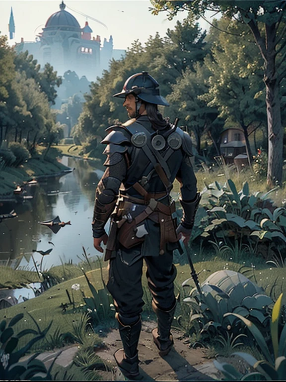 Cartoon style pictures ,(Europe),man,midnight,Overall black tone,Shot from the sky looking down to the ground , Rugged full body metal armor, Medieval dilapidated countryside village,farmland,river,torch,horse,farmer,companion,Soldier,laboeld,farming,(Visor Helmet,In the shadows,Faceless,健壮的man, strong, shabby),dynamic poses, ((Turn your back to the camera,look into the distance,not looking at camera)),